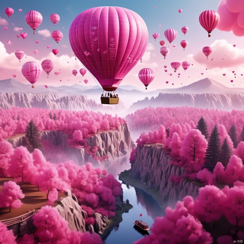 Masterpiece, best quality, stunning details, realistic (pink scene), pink forest with 520 fonts in the middle, pink sky, pink heart-shaped hot air balloon, a couple kissing on the hot air balloon, excellent composition,