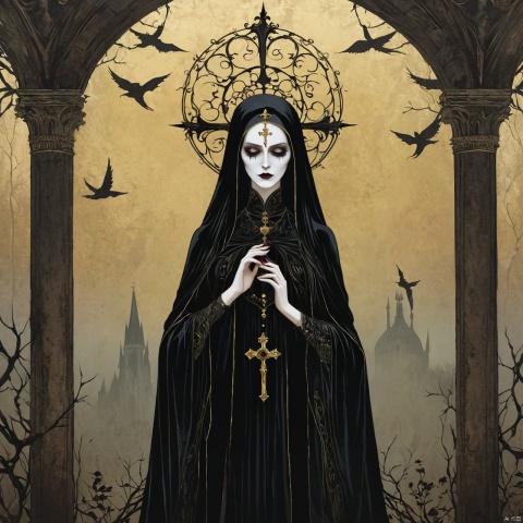  A lady of faith,(masterpiece, top quality, best quality, official art, beautiful and aesthetic:1.2) ,cover art,illustration minimalism, macabre style Velvet "The Art of Ancients", dark, gothic, grim, haunting, highly detailed