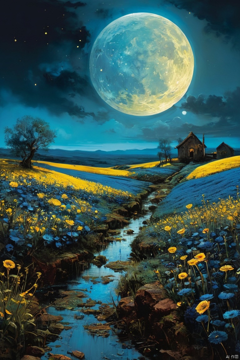  landscape by Gustave Moreau, Thomas Kinkade, James Gurney. Carne Griffiths. Frank Frazetta. van gogh, Alberto Sevesooil paint, masterpiece, Realistic, deep colors, blue tint, only bronze gold moon, night scenery, fields, Field, Intricate, detailed, sharp, clear, Better image quality, harsh brush strokes,light master