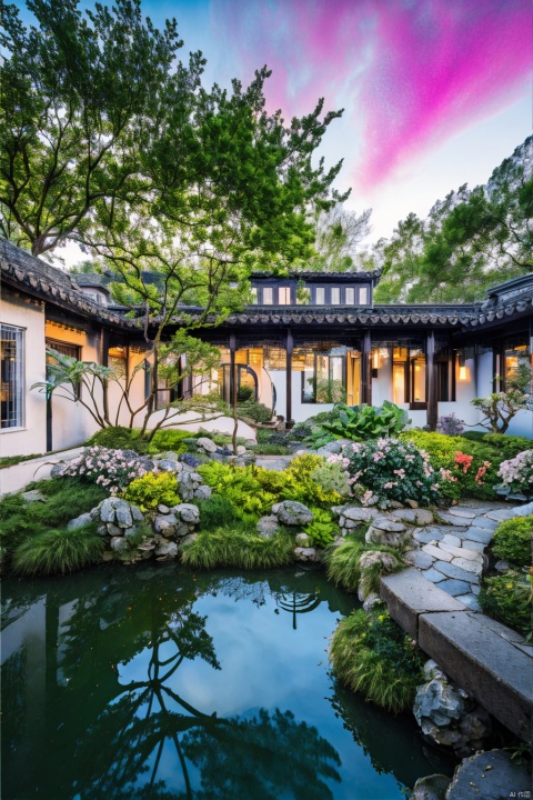 Best quality,masterpiece,ultra high res,(photorealistic:1.4),Oriental classical garden, (foreground, flowers and plants, virtual focus,) modeling pine, pond, rockery, classical architecture, reflective gloss, light through the window, warm and warm, elegant style, high-detail, realistic film photography style,