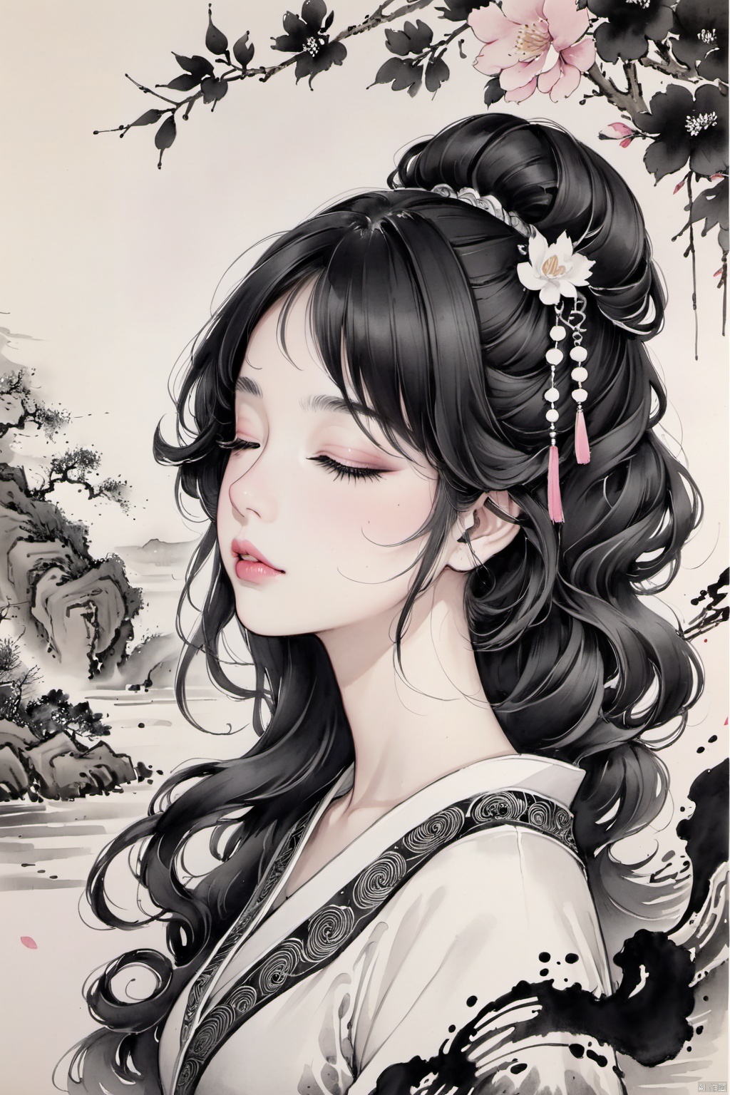 Masterpiece, best quality, realistic details, modern girl, curly hair, closed eyes, thick eyelashes, pink lips, upper body, ink wash style, traditional chinese ink painting,black and white ink painting