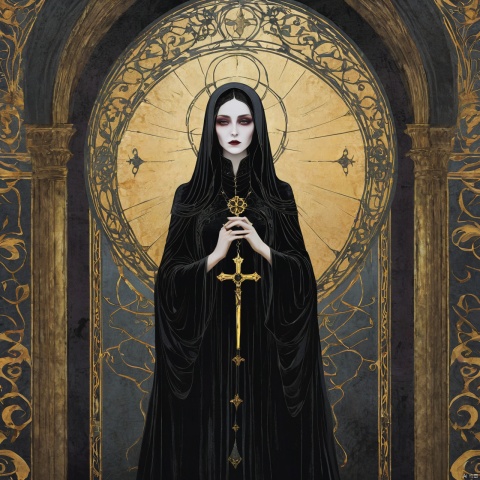  A lady of faith,(masterpiece, top quality, best quality, official art, beautiful and aesthetic:1.2) ,cover art,illustration minimalism, macabre style Velvet "The Art of Ancients", dark, gothic, grim, haunting, highly detailed