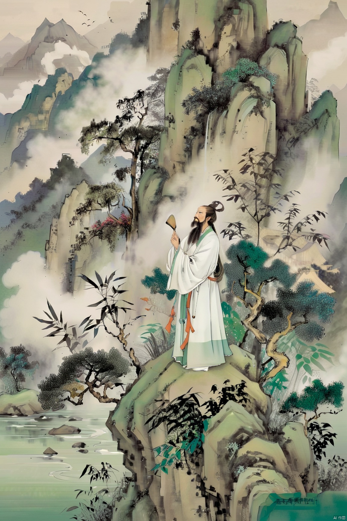  A Taoist sage, dressed in a plain white robe, stands atop a mist-veiled peak, holding a whisk in hand, gazing into the distance as if to penetrate the mysteries of the universe. Behind him, a verdant bamboo forest rustles gently in the breeze, accompanied by the distant sound of a bell, creating a serene atmosphere beyond the mundane world.