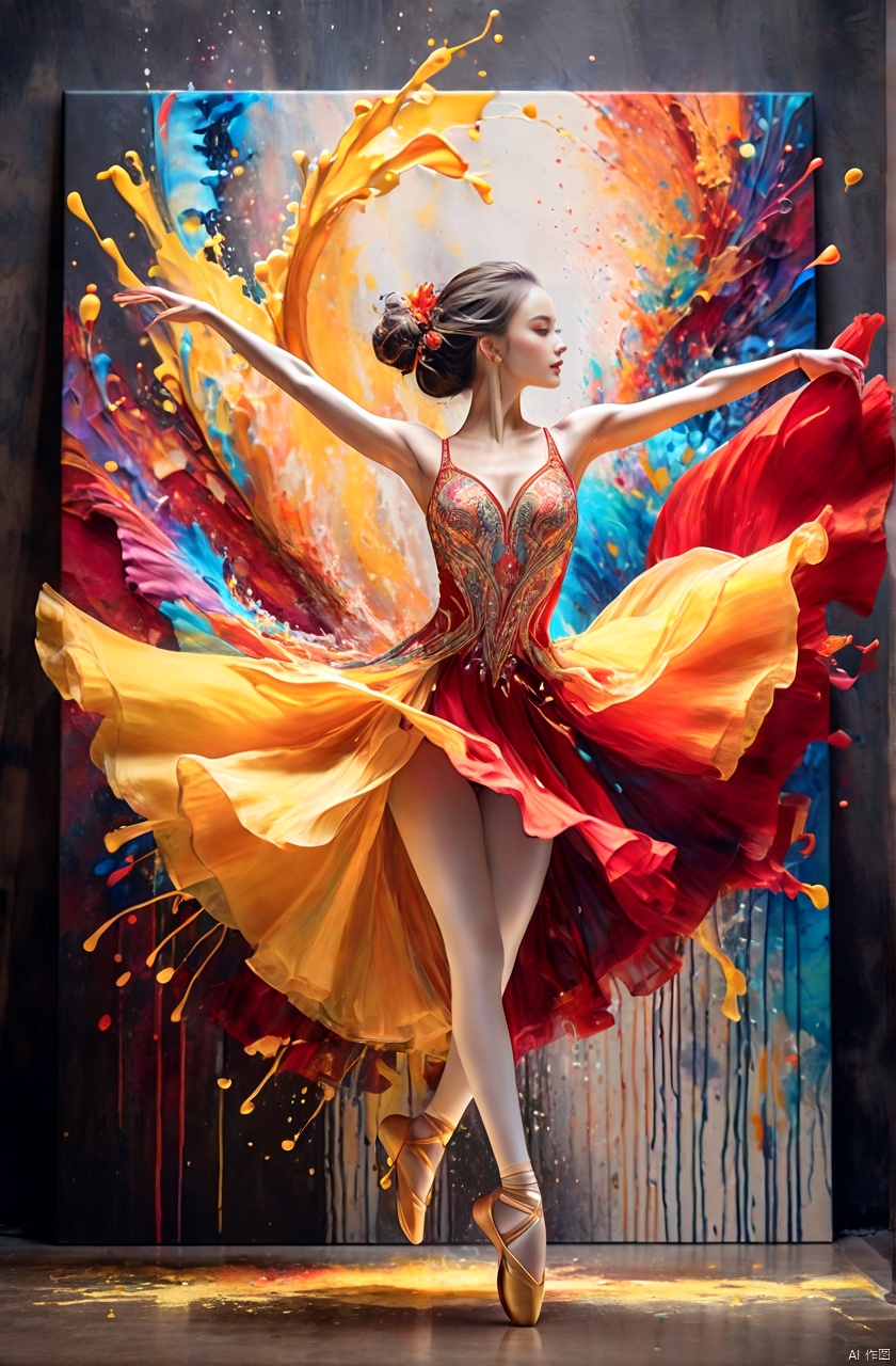  A stunning photograph of a talented artist's work, depicting a graceful, dancing female figure. Splashes of vibrant red, orange, and yellow paint come together to create a mesmerizing and passionate image. The dancer's arms and legs seem to move fluidly, capturing the essence of dance and motion. The background of the photo showcases a vibrant, colorful canvas, highlighting the artist's unique style and creativity., photo