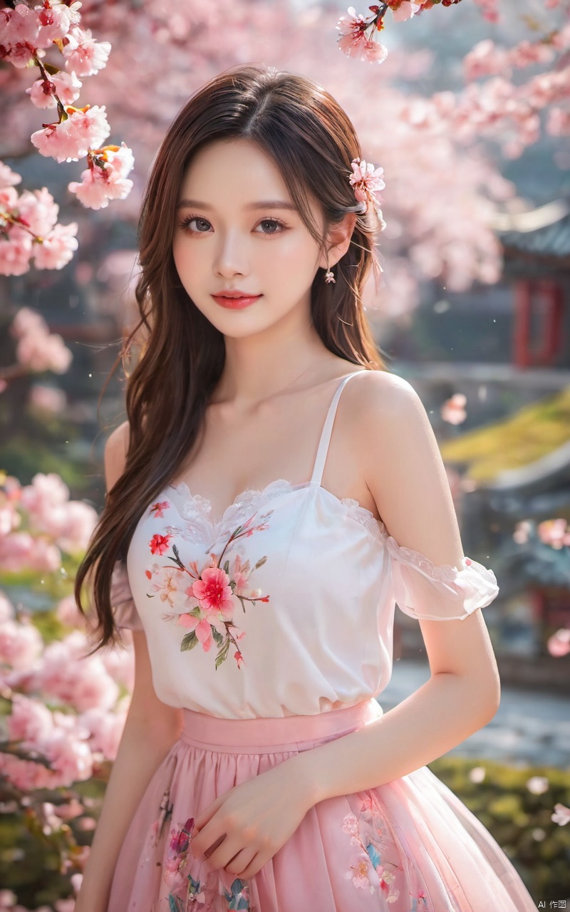  1girl breathtaking 8k, masterpiece, perfect beautiful chinese girl, upper body, vibrant, vivid, (short skirt), petticoat, (flowers), chiffon, sheer, light smile, bloom, award-winning, professional, Among colorful flowers garden, houtufeng, lhj, bright light, flower, blurry, pink flower, still life, cherry blossoms, sboe, 1girl