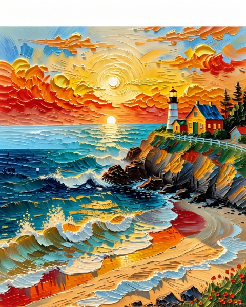 Impressionism fine art impasto on canvas by Van Gogh. Blissful sunset hues. Warm tones, Warm hues. A cabin by the ocean. A lighthouse on the bluff. Paths leading away. airbrush painting. Atmospheric, moody, rustic.
