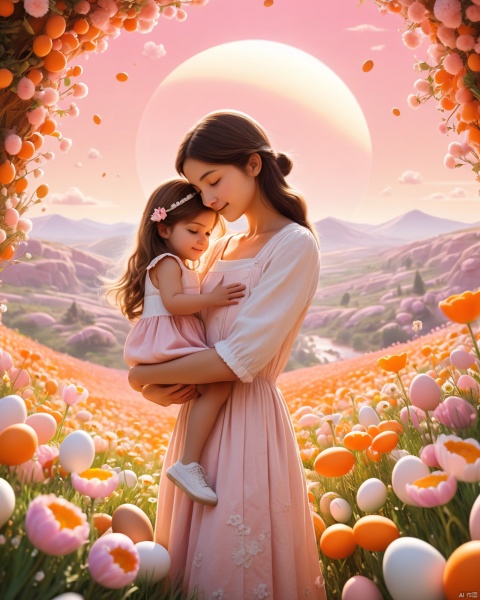 Masterpiece, best quality, stunning details, realistic, a cute mother daughter embrace, surrounded by flowers and eggs, dreamy scenery, soft and atmospheric perspective, vibrant orange and pink stage backgrounds, childlike innocence and charm, bold shapes and cute characters, with a simple white sun in the sky against a pink background