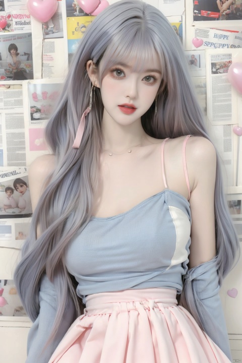  1girl,(((big breasts:1.2))),message hair,(oval face:1.2),lipgloss,the background is a white wall covered with newspapers and stickers,tiled background,(white_skin:1.4),indoor,roomi,the white wall,long hair,decorations,ribbon trim,neon,embellished costume,ornament,close_mouth,(happy_valentine:1.2),ornament,loose belt,(baby face:1.2),pose for the mirror,having a dual tone hair blend of light blue and light pink,(with long bangs covering one eye:1),eye_contact,glint,8k,masterpiece,best quality,Girl's face,makeup,fundoshi,mascara,(colored_eyelashes:1.1),,(The upper body includes the thighs:1.4),yellow_footwear,high_heels,white_footwear