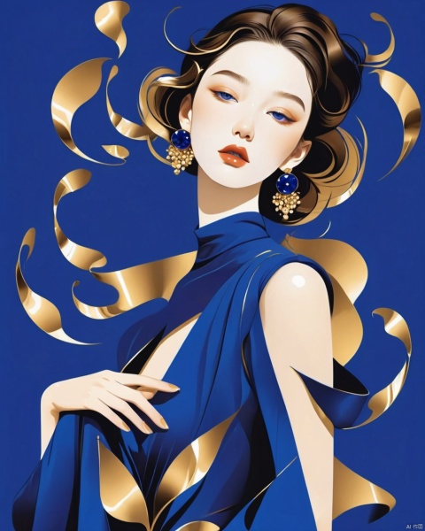  This vector illustration created in a surrealist style shows a fashionable girl wearing sapphire blue and gold clothing, striking an exaggerated pose that is characteristic of minimalist art.The background is pure Klein blue, which makes people feel pure and tranquil
