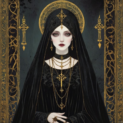  A lady of faith,(masterpiece, top quality, best quality, official art, beautiful and aesthetic:1.2) ,cover art,illustration minimalism, macabre style Velvet "The Art of Ancients", dark, gothic, grim, haunting, highly detailed