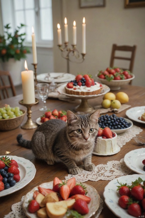  score_9, score_8_up, score_7_up, score_6_up, score_5_up, score_4_up,
food, indoors, blurry, no humans, fruit, depth of field, animal, table, cat, plate, cake, realistic, strawberry, candle, animal focus, grapes, food focus, blueberry