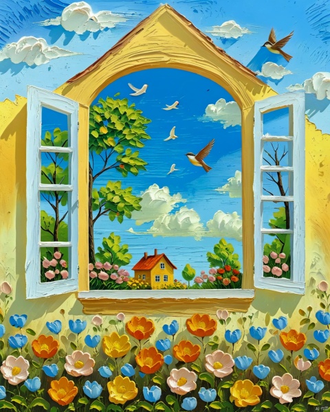 flower, outdoors, sky, tree, no humans, window, bird, building, scenery, house,oil painting style