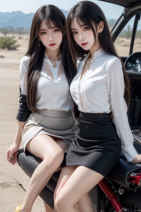  (2_girls::1.7),twins,kind smile, ((close-up)),Masterpiece,best quality,Highest picture quality,ultra-detailed,top quality,two girls driving a motorcycle,bare long leg,desert background, yhmotorbike,moyou,wangyushan, ((poakl)), 1girl,high_heels,yellow_footwear,long_hair,black_hair,pencil_skirt