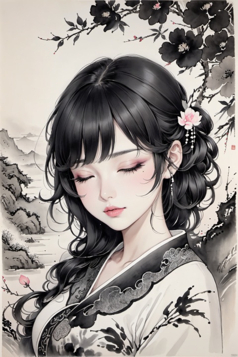  Masterpiece, best quality, realistic details, modern girl, curly hair, closed eyes, thick eyelashes, pink lips, upper body, ink wash style, traditional chinese ink painting,black and white ink painting