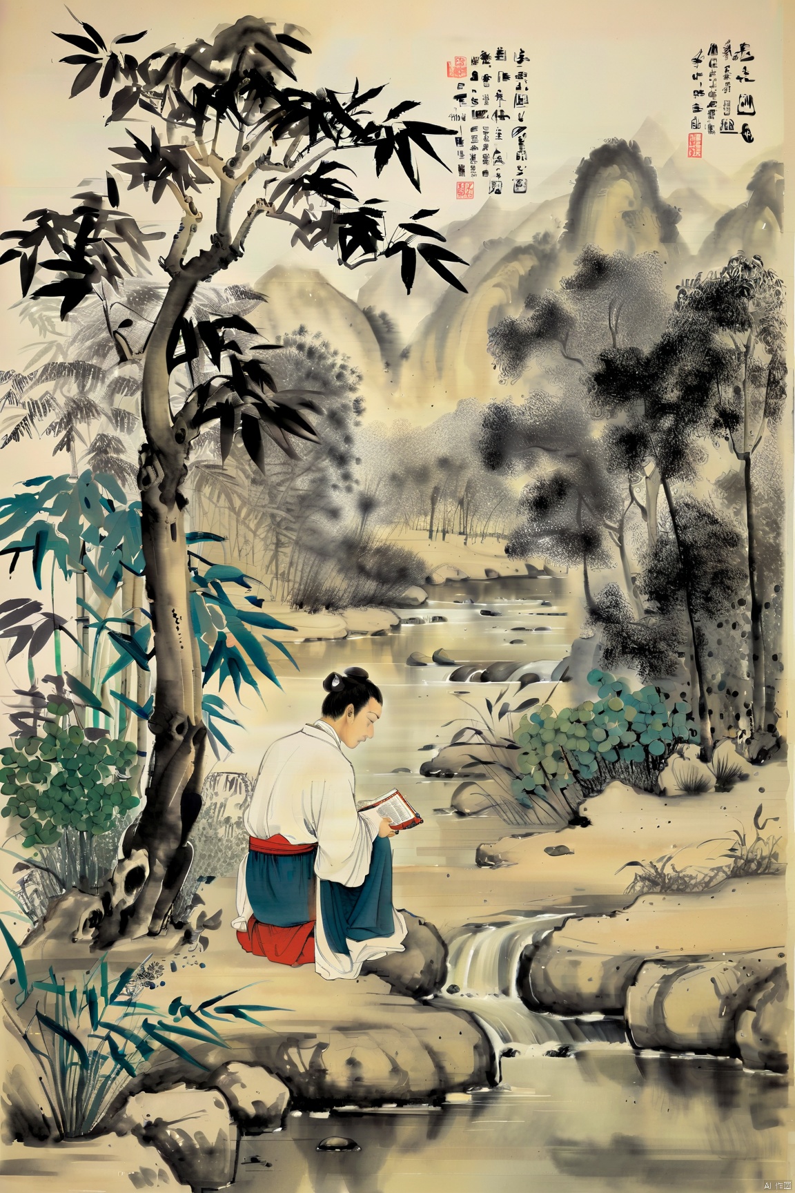  In a secluded valley, a Taoist disciple sits by a stream, engrossed in reading ancient scriptures on bamboo slips. Surrounded by lush trees, sunlight dapples the ground through the foliage, creating a harmonious blend of nature and the tranquility of Taoism., traditional chinese ink painting,black and white ink painting