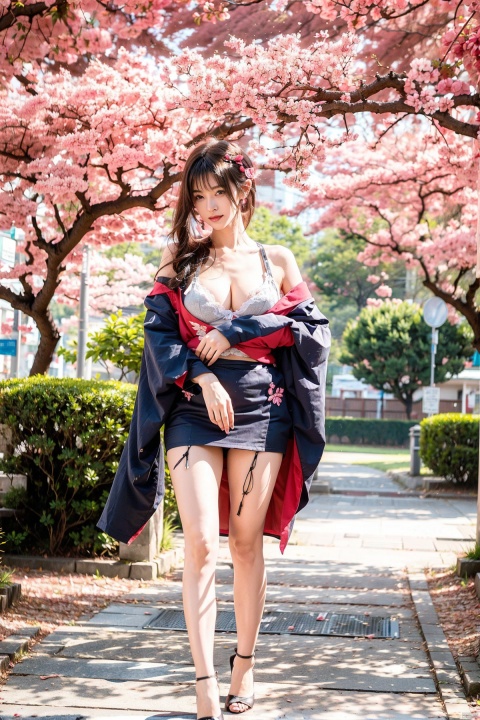  (detailed face, perfect face, perfect eyes, realistic eyes, perfect fingers),(clear face),A girl wearing a blue kimono, stood under a cherry blossom tree,fantasy girl,(red style,night,glowing),long hair,hair ornaments,(above knees),petals,sakura,Abundant Sakura Blossoms,Headwear,Black hair,looking at viewer,outdoors,beautiful girl,Wearing aJapanesekimono,knees up,standing lolita1,flower,(looking at the camera:1.2),portrait,(photorealistic:1.2), 1girl, lmyh,(exposed breasts:1.5),sexy,Huge bare chest,Huge bare chest, perfect figure (plump), (beautiful detail face), off shoulder,master works, high details, Colorful pictures, light and shadow details, extremely delicate beautiful girls, soft white skin, delicate facial features, perfect faces, amazing beauty, extreme details, realistic details,yellow_footwear,high_heels,skirt,pinstripe_suit