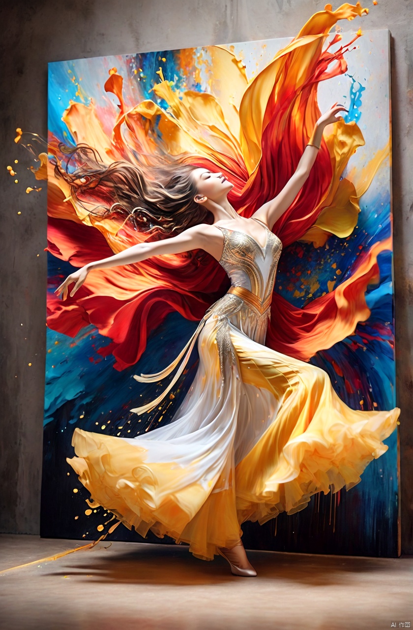  A stunning photograph of a talented artist's work, depicting a graceful, dancing female figure. Splashes of vibrant red, orange, and yellow paint come together to create a mesmerizing and passionate image. The dancer's arms and legs seem to move fluidly, capturing the essence of dance and motion. The background of the photo showcases a vibrant, colorful canvas, highlighting the artist's unique style and creativity., photo