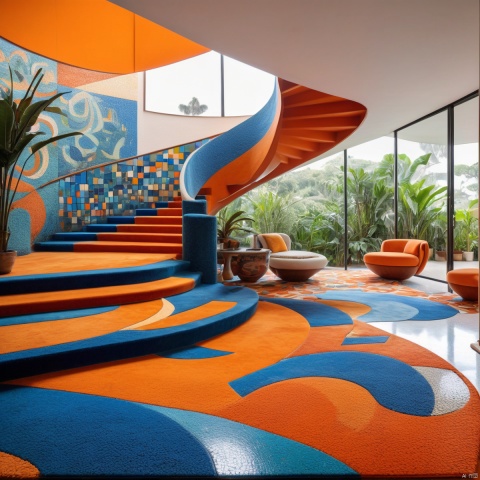 Masterpiece, best quality, stunning details, realistic, edited photo shoot of an open living room with stairs and a large carpet, orange and blue styles, Oscar Niemeyer, contemporary landscape, colorful mosaics, sustainable architecture, mysterious tropics, modernist emotions