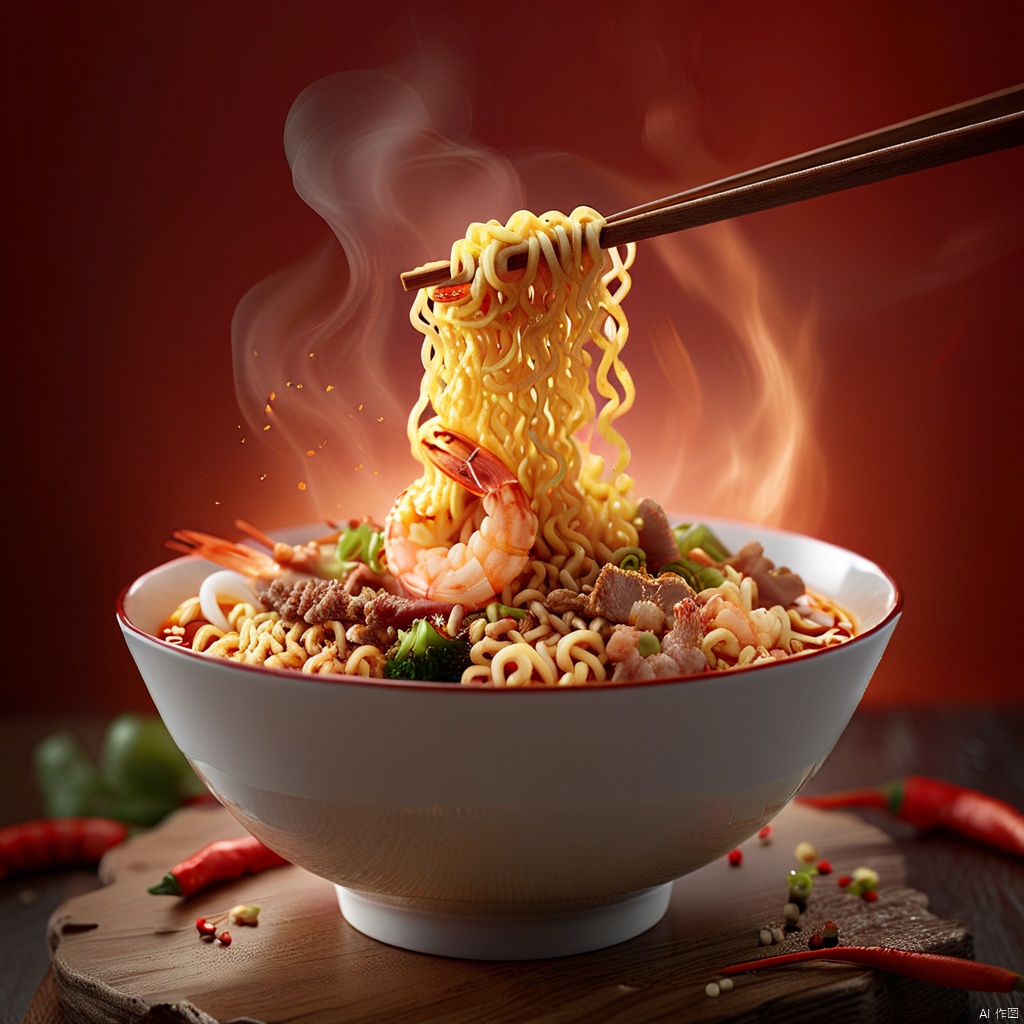  (8k, RAW photo, best quality, masterpiece:1.2),Commercial Photography, instant noodle in bowl and chopstick, topping with prawn and meat. White Lighting, 8k Rendering, High Resolution Photography, Extraordinary Detail, Fine Detail, On Solid Wooden Table, Red Background, 8k, Commercial Photography, Stock Photography, Professional Color Grading::1
