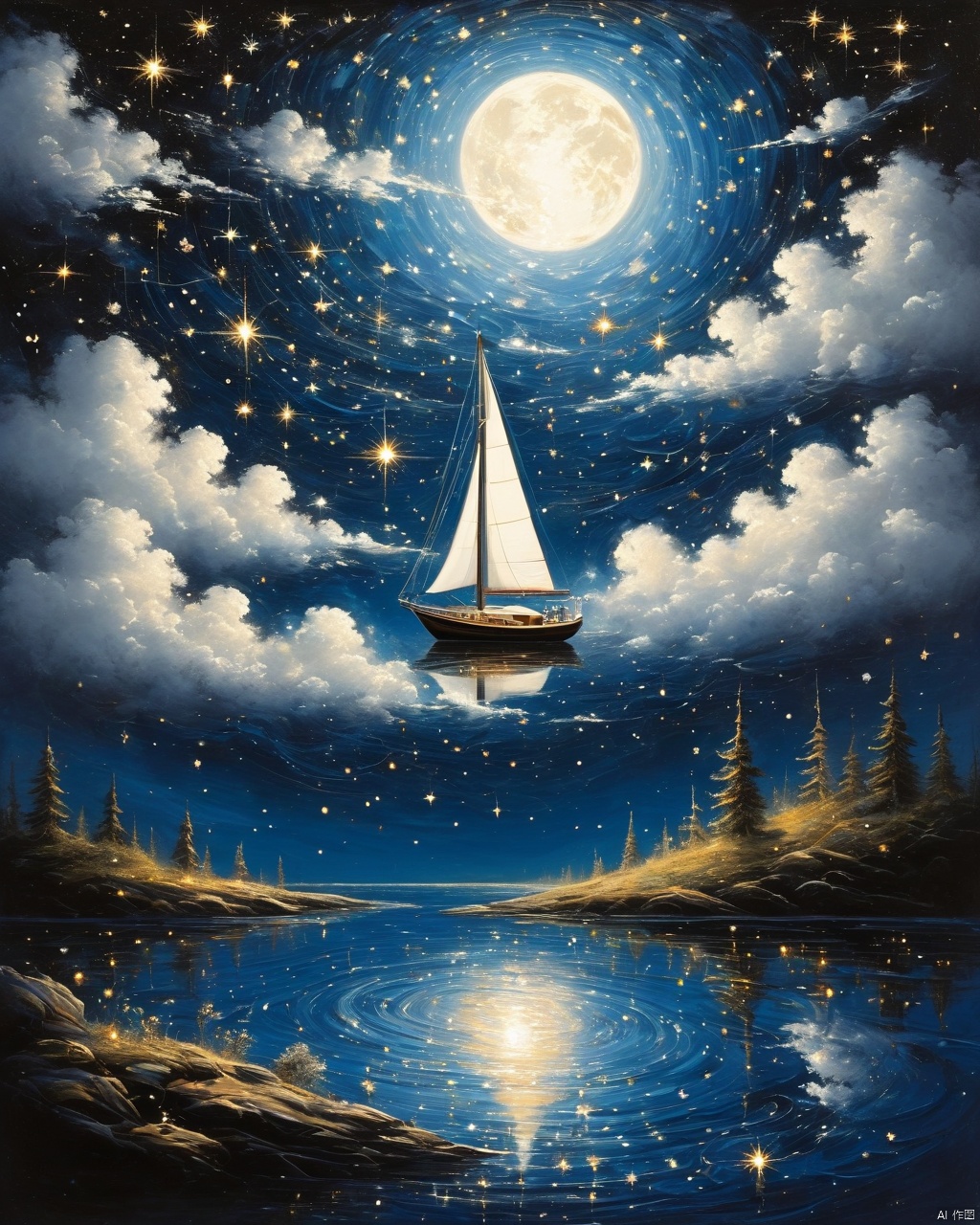 Rich lacquer painting, James R. ads, new meticulous brush, night, the Milky Way through the sky, floating huge luminous clouds, (a small white sailboat crossing the stars: 1.32), the endless sense of space, illusion, reflection, dots, swirls, up and down perspective, fractal art, stars bright, dark night, dark magic