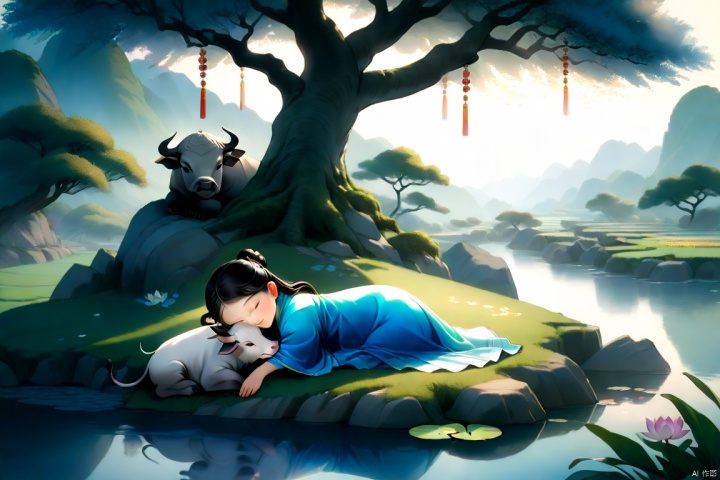  (an ancient Chinese child sleeping on a stone under a big tree:1.5), with a water buffalo grazing nearby, the pond was covered in lotus leaves and flowers, and a stone road led to a small village on a distant hillside, afternoon, Glowing ambiance, enchanting radiance, luminous lighting, ethereal atmosphere, evocative hues, captivating coloration, dramatic lighting, enchanting aura, masterpiece, best quality, epic cinematic, soft nature lights, rim light, amazing, hyper detailed, ultra realistic, soft colors, photorealistic, Ray tracing, Cinematic Light, light source contrast, blue and white porcelain, 