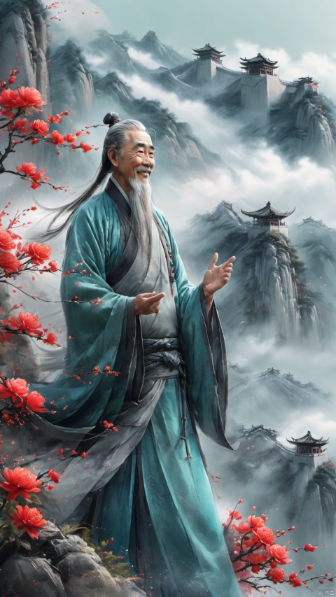  chinese waterink,monochrome,a chinese old male,one hand touching long gray facial hair,floating gray hair,one arm behind back,standing on mountain,looking up the sky,smile,from below,wearing cyan floating hanfu,chinese classical house and green mountain and red flowers and sky background,hyperrealism,ultra high res,4K,Best quality,masterpiece,ananmo