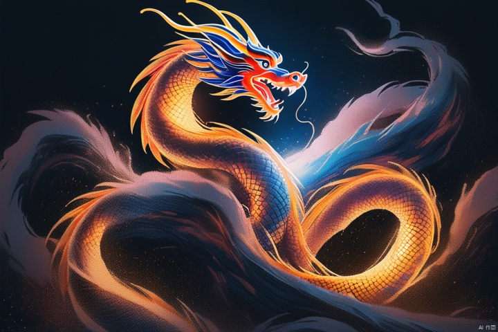 dot-matrix of a chinese eastern dragon,flying out from a computer screen in dark space,masterpiece, best quality, soft nature lights, rim light, amazing, soft colors, zgct color