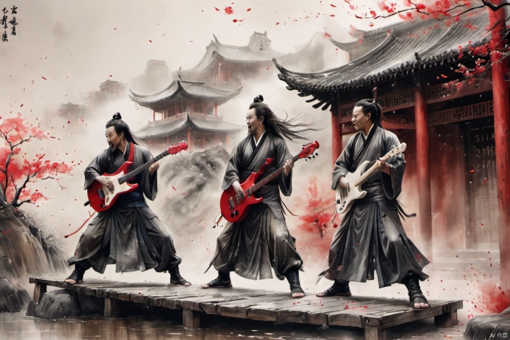  chinese waterink,monochrome,rock band,3 chinese muscular males with long facial hair,bare arms,playing red electric guitar,crazy shouting,standing on wood stage,wearing hanfu,floating hair,bent over,from below,chinese classical house background,hyperrealism,ultra high res,4K,Best quality,masterpiece,ananmo