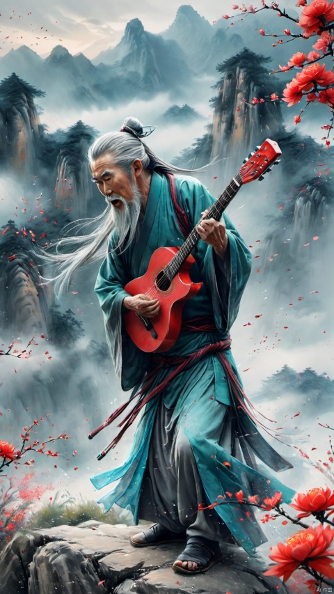 chinese waterink,monochrome,a chinese old male with long gray facial hair,opened clothes,playing red ((electric)) guitar,crazy shouting,detailed face,standing on rock stage,wearing cyan hanfu,floating gray hair,bent over,from side,chinese classical house and green mountain and red flowers and sky  background,hyperrealism,ultra high res,4K,Best quality,masterpiece,ananmo