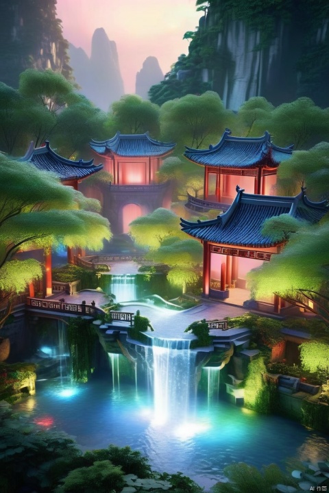 (((an island suspended in the air))), covered in plants and Chinese style courtyard and pond , with vines and waterfalls descending from the island to the sky below, overlooking,from above,morning,spring, Glowing ambiance, enchanting radiance, luminous lighting, ethereal atmosphere, evocative hues, captivating coloration, dramatic lighting, enchanting aura, masterpiece, best quality, epic cinematic, soft nature lights, rim light, amazing, hyper detailed, ultra realistic, soft colors, photorealistic, Ray tracing, Cinematic Light, light source contrast, jingjing