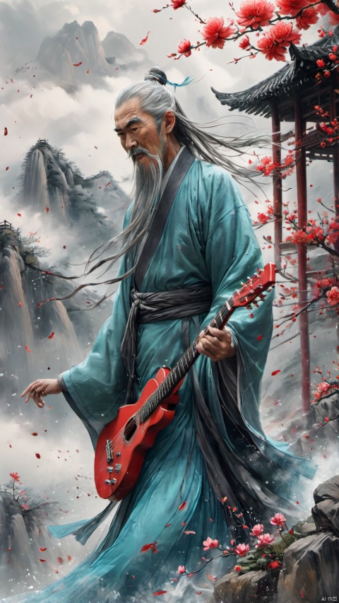  chinese waterink,monochrome,a chinese old male with long gray facial hair,floating gray hair,wearing cyan floating hanfu,playing a red electric guitar,bent over,crazy shouting,bare muscular arm,opened cloth,from below,chinese classical house and green mountain and red flowers and sky background,hyperrealism,ultra high res,4K,Best quality,masterpiece,ananmo