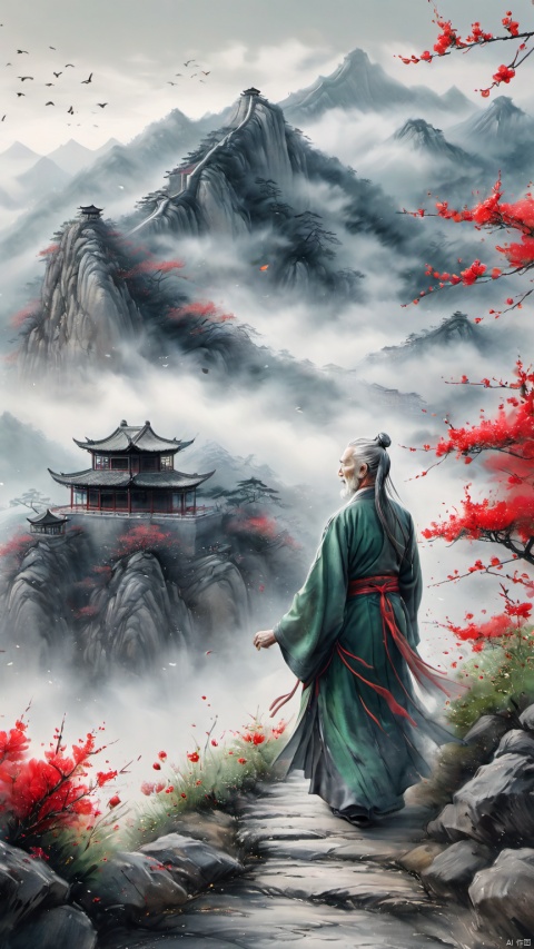  chinese waterink,monochrome,a chinese old male with long gray facial hair,floating gray hair, arms behind back,walking on mountain,looking up the sky,smile,from back,wearing cyan floating hanfu,chinese classical house and green mountain and red flowers and sky background,hyperrealism,ultra high res,4K,Best quality,masterpiece,ananmo