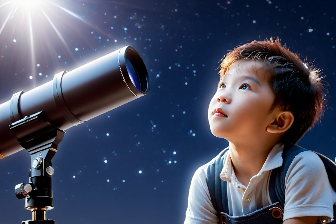  a chinese little boy,curious,surprised,happy,detailed face and eyes,upper body, watching the starry sky through a portable astronomical telescope ,full body,from_below, Glowing ambiance, enchanting radiance, luminous lighting, ethereal atmosphere, evocative hues, captivating coloration, dramatic lighting, enchanting aura, masterpiece, best quality, epic cinematic, soft nature lights, rim light, amazing, hyper detailed, ultra realistic, soft colors, photorealistic, Ray tracing, Cinematic Light, light source contrast