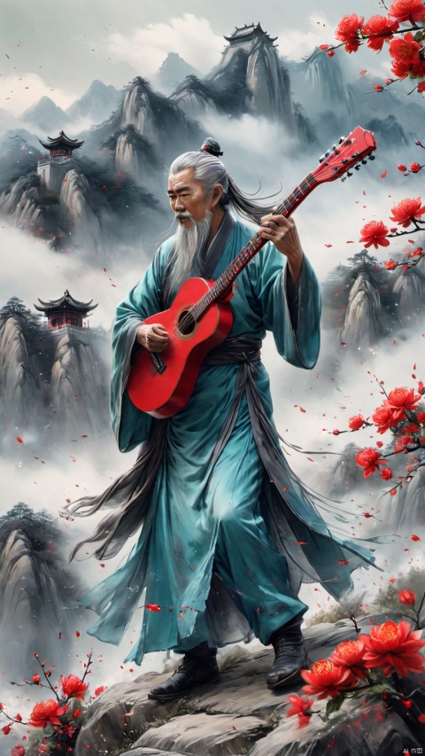  chinese waterink,monochrome,a chinese old male with long gray facial hair,floating gray hair,wearing cyan floating hanfu,standing on mountain,playing a red ((electric guitar)),bent over,shouting,bare muscular arm,opened cloth,from below,chinese classical house and green mountain and red flowers and sky background,hyperrealism,ultra high res,4K,Best quality,masterpiece,ananmo
