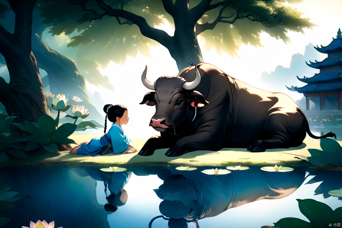  (an ancient Chinese child and a water buffalo,  sleeping in shadow of a big tree, some lotus in pond, afternoon,summer, Glowing ambiance, enchanting radiance, luminous lighting, ethereal atmosphere, evocative hues, captivating coloration, dramatic lighting, enchanting aura, masterpiece, best quality, epic cinematic, soft nature lights, rim light, amazing, hyper detailed, ultra realistic, soft colors, photorealistic, Ray tracing, Cinematic Light, light source contrast, blue and white porcelain, 