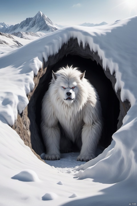  a monster with only white furry body and a human face,standing in a hole of snow mountain,hyperrealism,ultra high res,4K,Best quality,masterpiece,