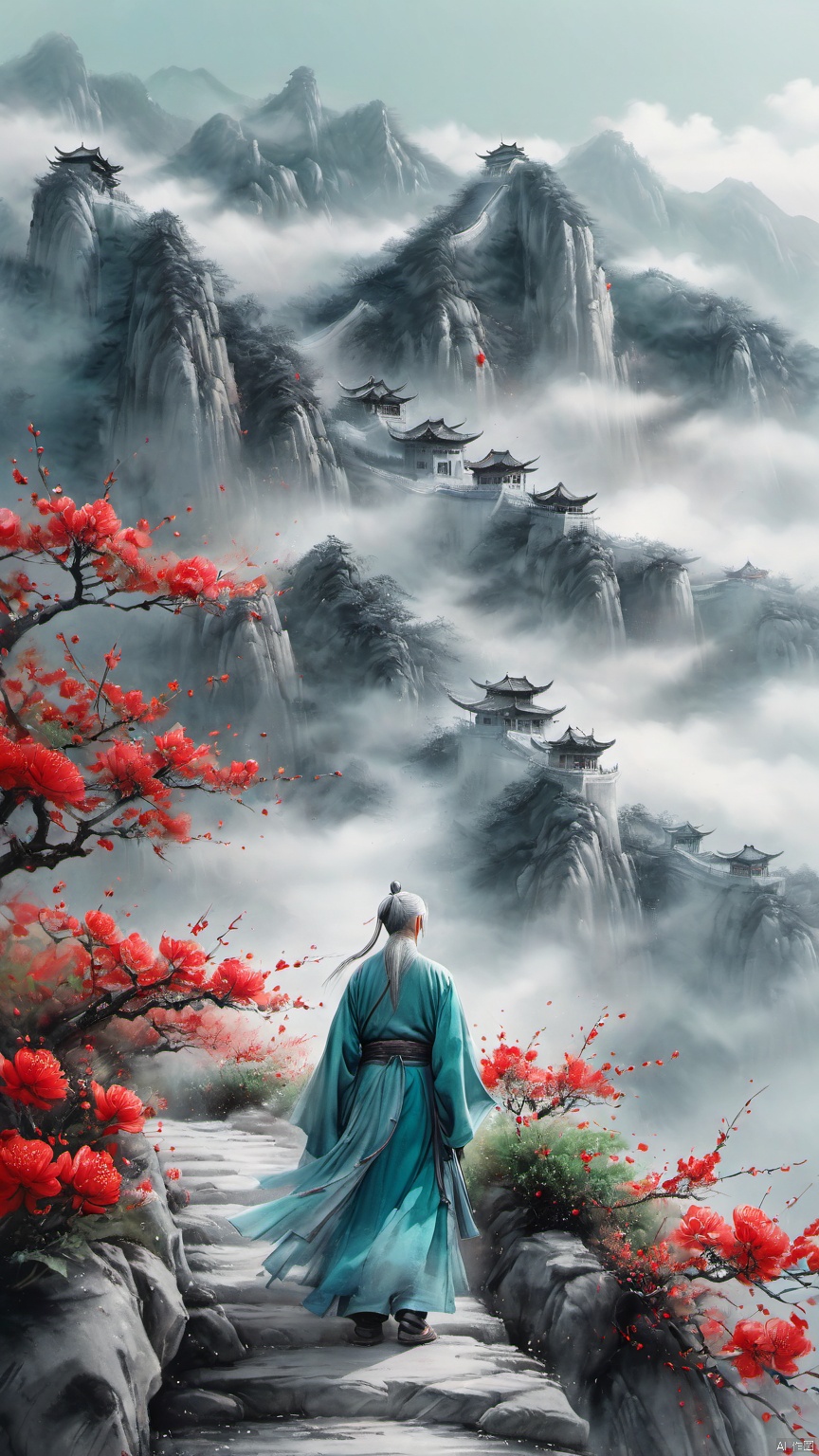  chinese waterink,monochrome,a chinese old male with long gray facial hair,floating gray hair,standing on mountaintop,close up,wearing cyan floating hanfu,from below,look back,chinese classical house and green mountain and red flowers and sky background,hyperrealism,ultra high res,4K,Best quality,masterpiece,ananmo