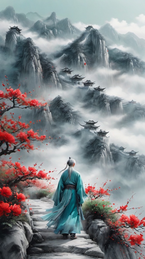  chinese waterink,monochrome,a chinese old male with long gray facial hair,floating gray hair,standing on mountaintop,close up,wearing cyan floating hanfu,from below,look back,chinese classical house and green mountain and red flowers and sky background,hyperrealism,ultra high res,4K,Best quality,masterpiece,ananmo