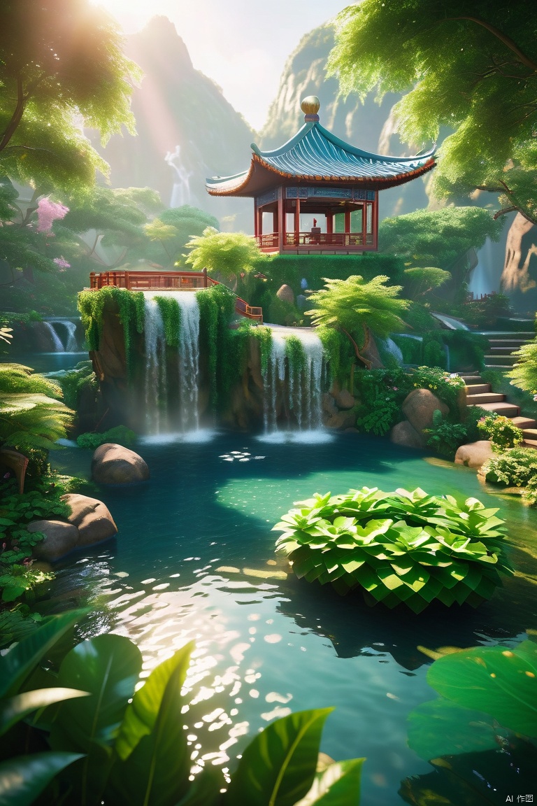 A diamond shaped island suspended in the air, covered in green plants, with vines and waterfalls descending from the island to the sky below,there is a Chinese style courtyard and pond on the island,  overlooking,from above,morning, Glowing ambiance, enchanting radiance, luminous lighting, ethereal atmosphere, evocative hues, captivating coloration, dramatic lighting, enchanting aura, masterpiece, best quality, epic cinematic, soft nature lights, rim light, amazing, hyper detailed, ultra realistic, soft colors, photorealistic, Ray tracing, Cinematic Light, light source contrast,