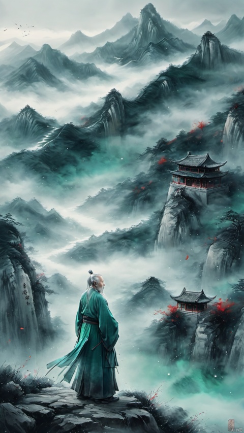  chinese waterink,monochrome,a chinese old male with long gray facial hair,floating gray hair,standing on mountaintop,stargazing ,from side,far away,epic film,wearing cyan floating hanfu,chinese classical house and green and red mountain and sky background,hyperrealism,ultra high res,4K,Best quality,masterpiece,ananmo