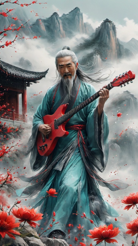 chinese waterink,monochrome,a chinese male with long gray facial hair,playing red electric guitar,crazy shouting,upper body,floating gray hair,wearing cyan hanfu,opened clothes,lean back,from below,standing on stage,chinese classical house and green mountain and red flowers and sky  background,hyperrealism,ultra high res,4K,Best quality,masterpiece,ananmo