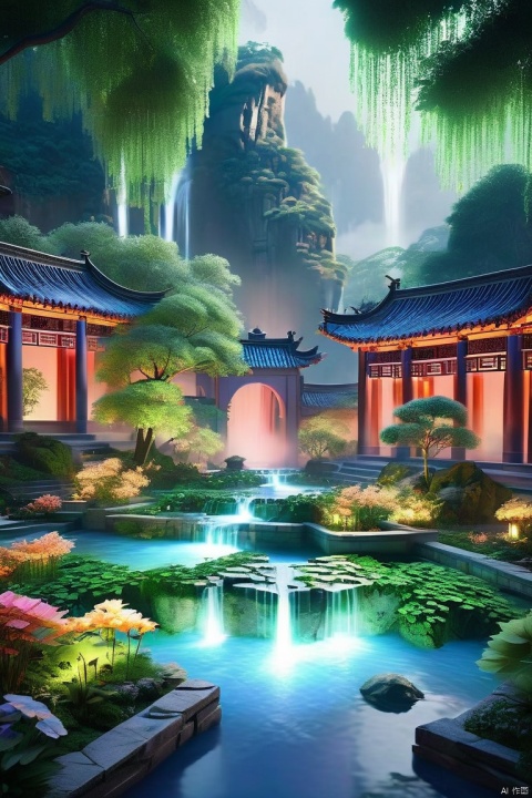 (((an island suspended in the air))), covered in plants and Chinese style courtyard and pond , with vines and waterfalls descending from the island to the sky below, overlooking,from above,morning,spring, Glowing ambiance, enchanting radiance, luminous lighting, ethereal atmosphere, evocative hues, captivating coloration, dramatic lighting, enchanting aura, masterpiece, best quality, epic cinematic, soft nature lights, rim light, amazing, hyper detailed, ultra realistic, soft colors, photorealistic, Ray tracing, Cinematic Light, light source contrast, jingjing