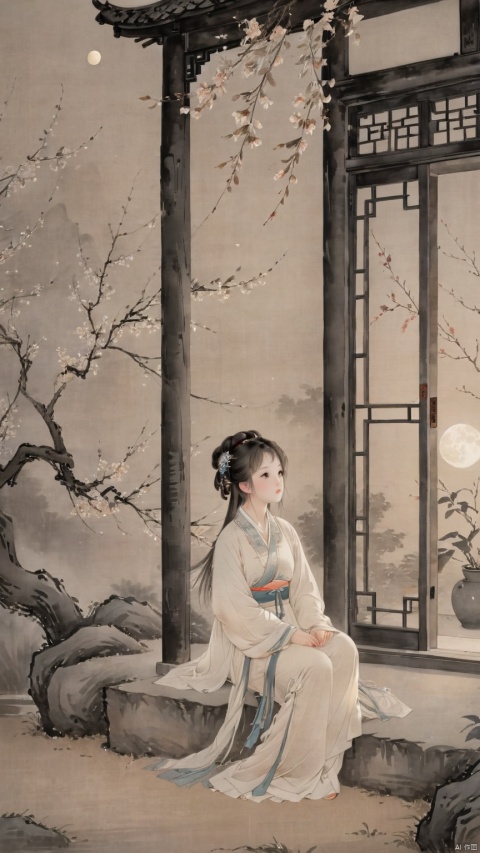 1 chinese girl sitting at steps of door, looking at moon in the sky, black eyes,wearing hanfu,gloom (expression) ,from below,detailed face,chinese ancient house background,petals and leaves on ground,cool tone,night, ethereal atmosphere, evocative hues, captivating coloration, dramatic lighting, enchanting aura, masterpiece, best quality, epic cinematic, soft nature lights, rim light, amazing, hyper detailed, ultra realistic, soft colors, photorealistic, Ray tracing, Cinematic Light, light source contrast,black and white ink painting , traditional chinese ink painting,willow branches,willow tree in background