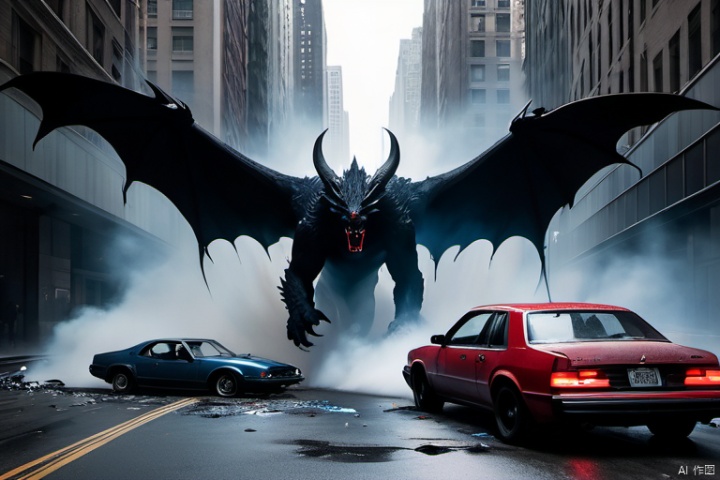 A cityscape in chaos: amidst the urban frenzy, a colossal black void hovers just above the pavement. Edged with ethereal blue arcs and wispy white mist, the chasm beckons like an abyssal portal. A gargantuan red beast bursts forth, its snarling visage and grasping claw piercing the air as panicked onlookers flee in all directions. Cars collide and burn amidst the mayhem, while a figure nearby exhibits a look of utter terror. In this apocalyptic tableau, movie lights cast dramatic shadows, amplifying the stark contrasts between light and darkness.