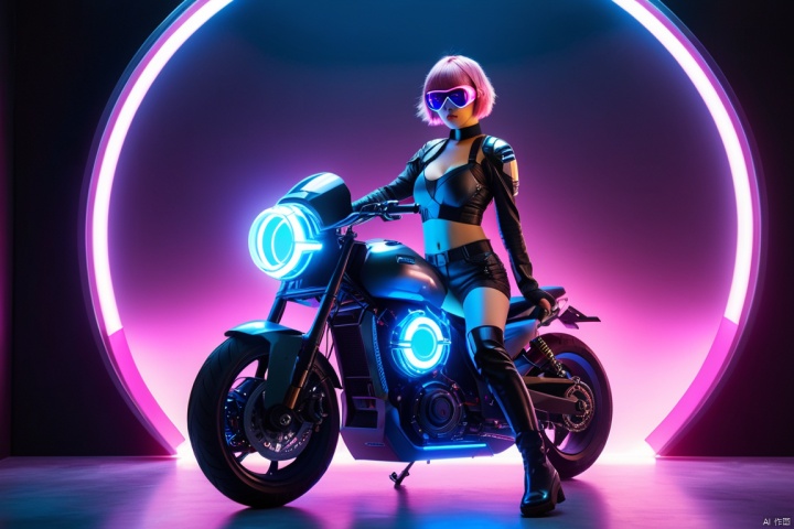 1girl wearing a gray black mech, wearing pink goggles and short pink hair, standing on a huge CPU fan, with a motorcycle beside her and a blue glowing ball floating beside her. The dark background is a circuit board that forms a glowing door, in a sci-fi style, Glowing ambiance, enchanting radiance, luminous lighting, ethereal atmosphere, evocative hues, captivating coloration, dramatic lighting, enchanting aura, masterpiece, best quality, epic cinematic, soft nature lights, rim light, amazing, hyper detailed, ultra realistic, soft colors, photorealistic, Ray tracing, Cinematic Light, light source contrast,