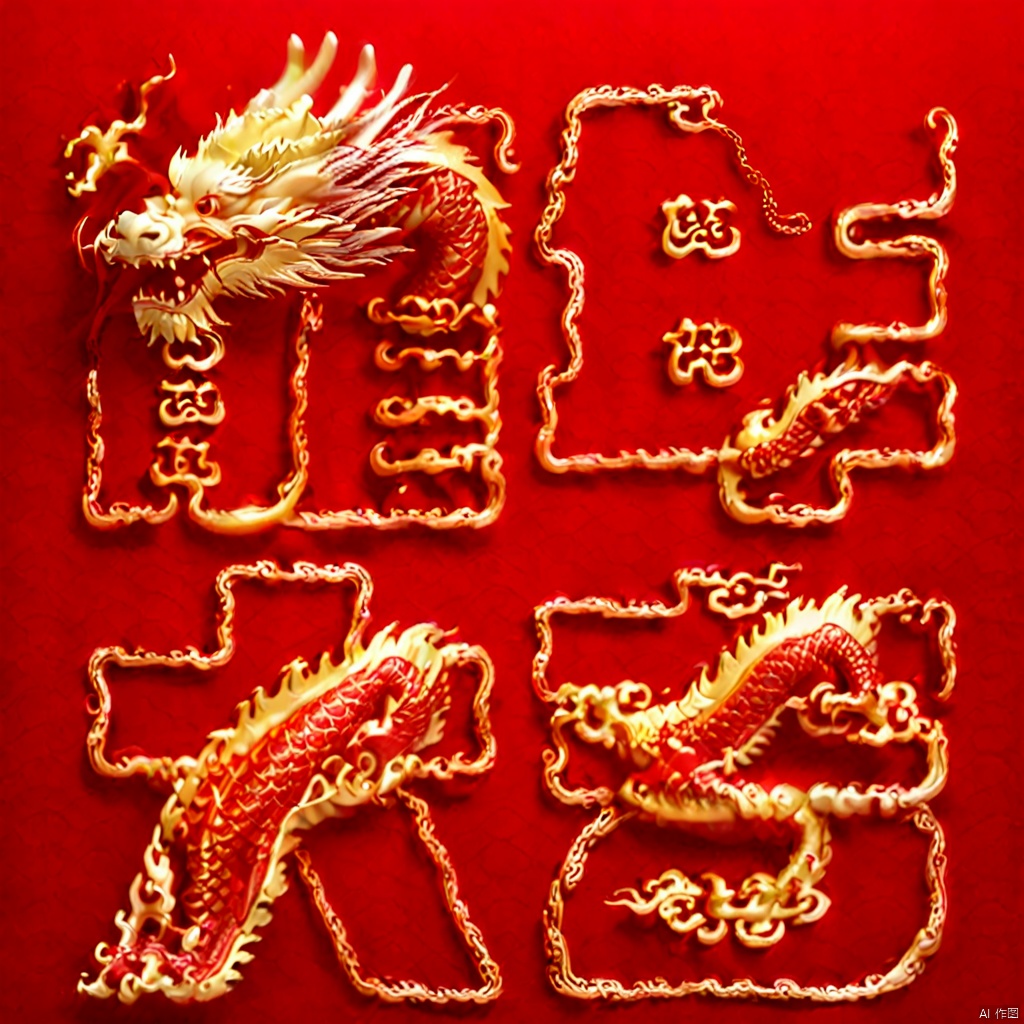 a chinese dragon,((a cute lovely golden chinese dragon)),golden text,laughing,simple red background,morning,smile,Glowing ambiance, enchanting radiance, luminous lighting, ethereal atmosphere, evocative hues, captivating coloration, dramatic lighting, enchanting aura, masterpiece ,best quality, epic cinematic, soft nature lights, rim light, amazing, hyper detailed, ultra realistic, soft colors, in the dark, deep shadow, night, light, photorealistic, Ray tracing, Cinematic Light, light source contrast, , Dragon pattern