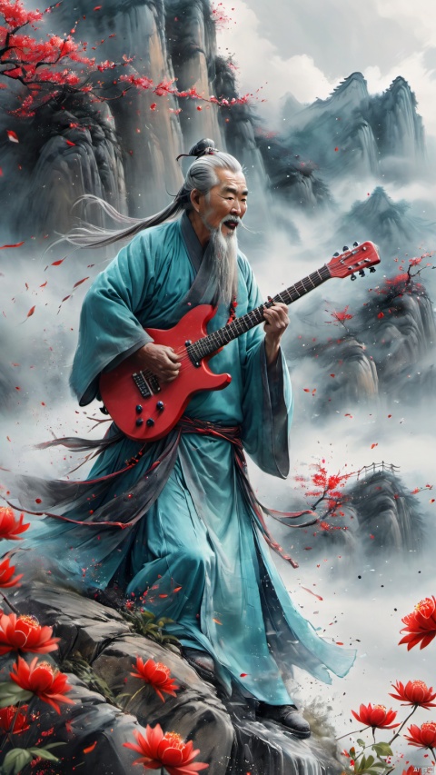 chinese waterink,monochrome,a chinese old male with long gray facial hair,playing red ((electric)) guitar,crazy shouting,detailed face,standing on rock stage,wearing cyan hanfu,floating gray hair,lean back,from side,chinese classical house and green mountain and red flowers and sky  background,hyperrealism,ultra high res,4K,Best quality,masterpiece,ananmo