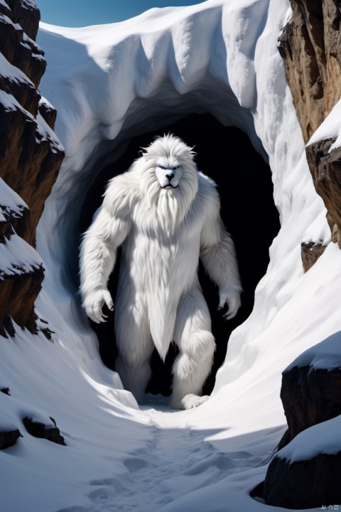  a monster with only white furry body and ((a human face)),standing in a hole of snow mountain,hyperrealism,ultra high res,4K,Best quality,masterpiece,