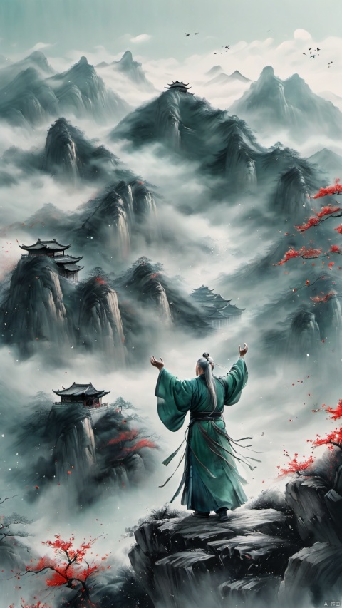 chinese waterink,monochrome,a chinese male with long gray facial hair,floating gray hair,standing on mountaintop,stargazing ,raised fists,waving arms,wearing cyan floating hanfu,far away,chinese classical house and green and  red mountain  and sky background,hyperrealism,ultra high res,4K,Best quality,masterpiece,ananmo