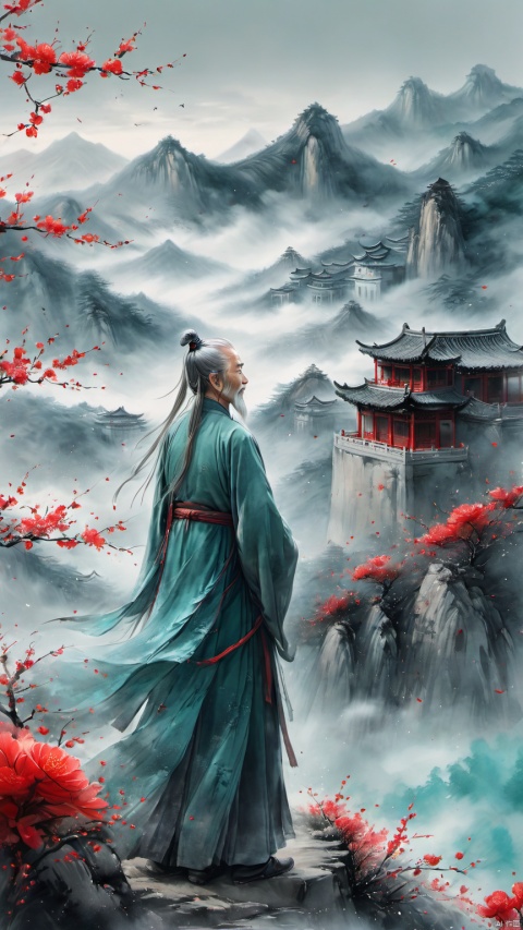  chinese waterink,monochrome,a chinese old male with long gray facial hair,floating gray hair,standing on mountaintop,stargazing ,from side,wearing cyan floating hanfu,chinese classical house and green mountain and red flowers and sky background,hyperrealism,ultra high res,4K,Best quality,masterpiece,ananmo